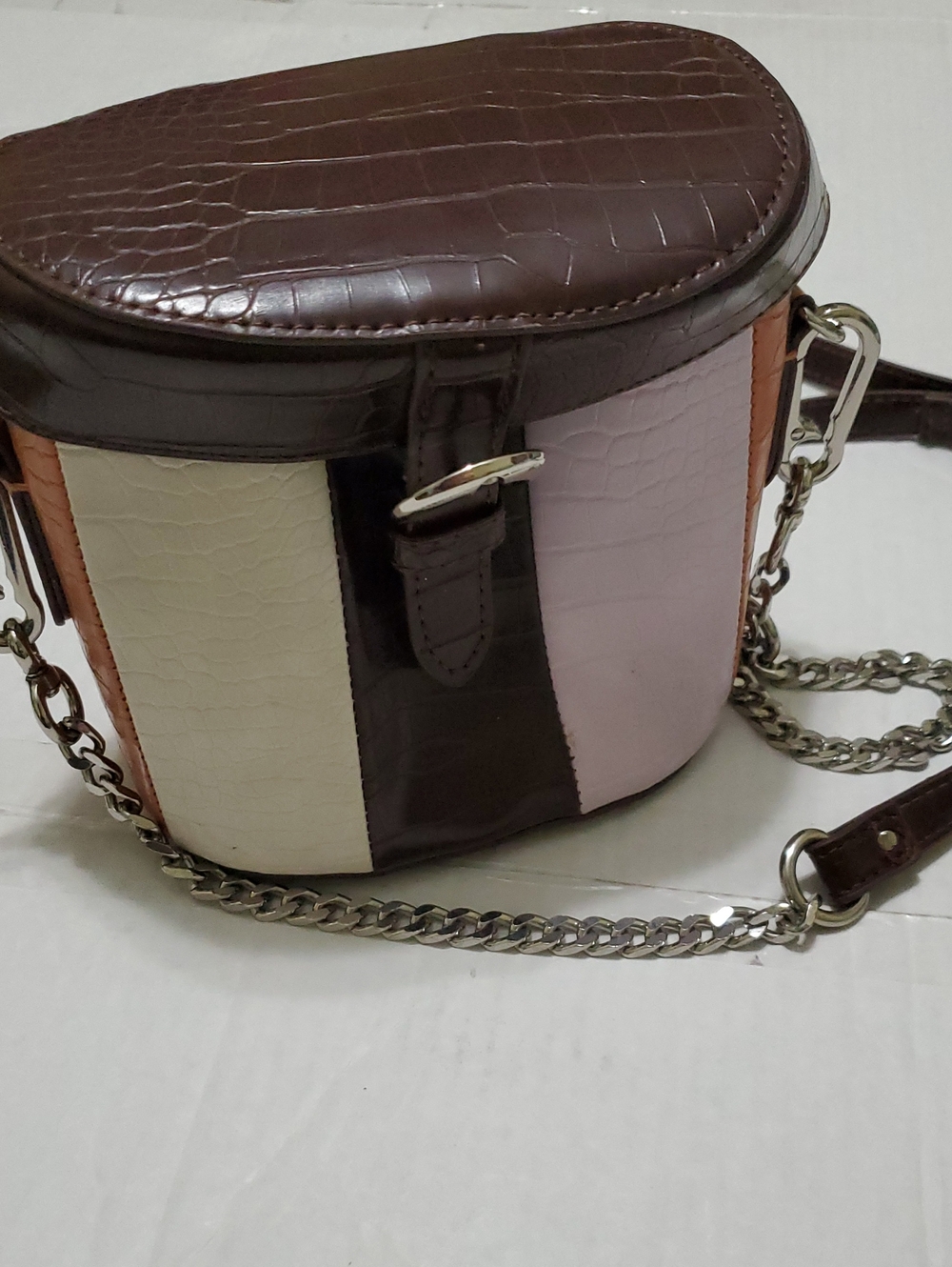 Madden NYC Canteen Brown Cream Pink Colorblock Croc-Embossed Crossbody Bag